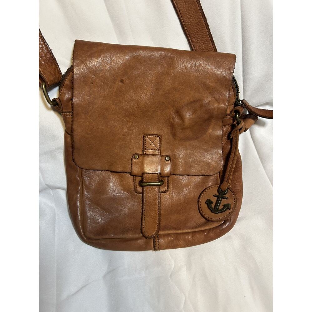Harbour‎ 2nd Cognac Leather Crossbody Bag Anchor Charm Messenger Washed Leather